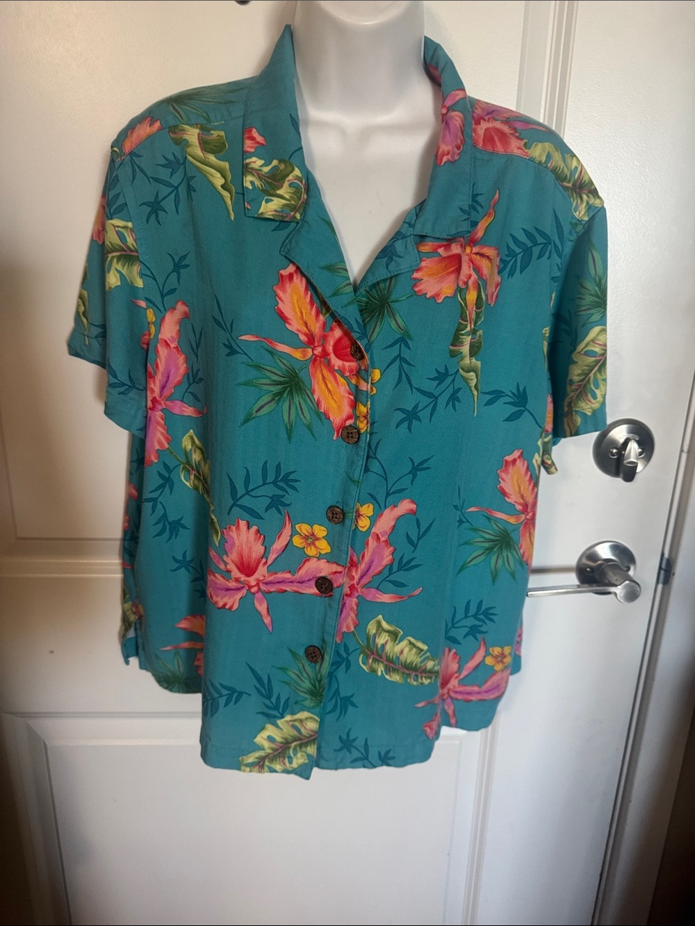 ALOHA Teal Floral Button-Up Women's Blouse-XL